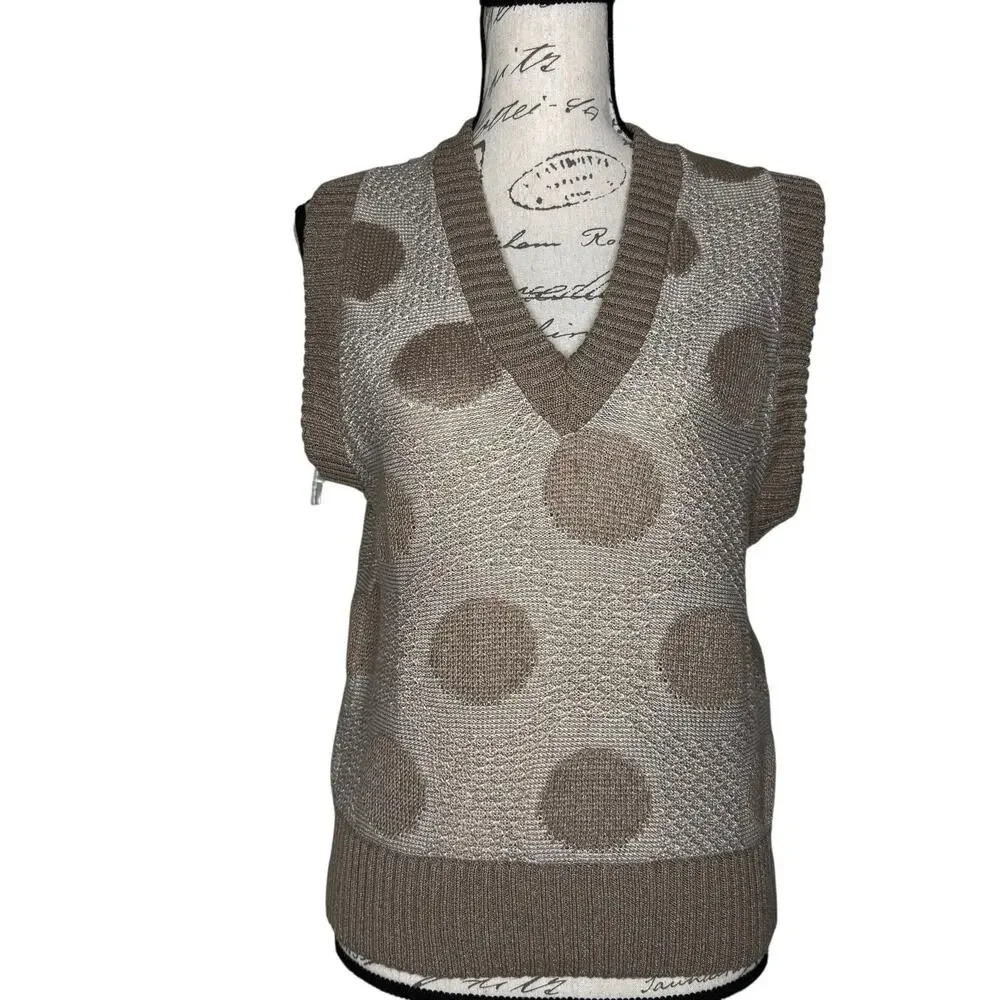 Vintage Leslie Fay 70's Beige Polka Dot Knit Sweater Vest Made In USA size 8